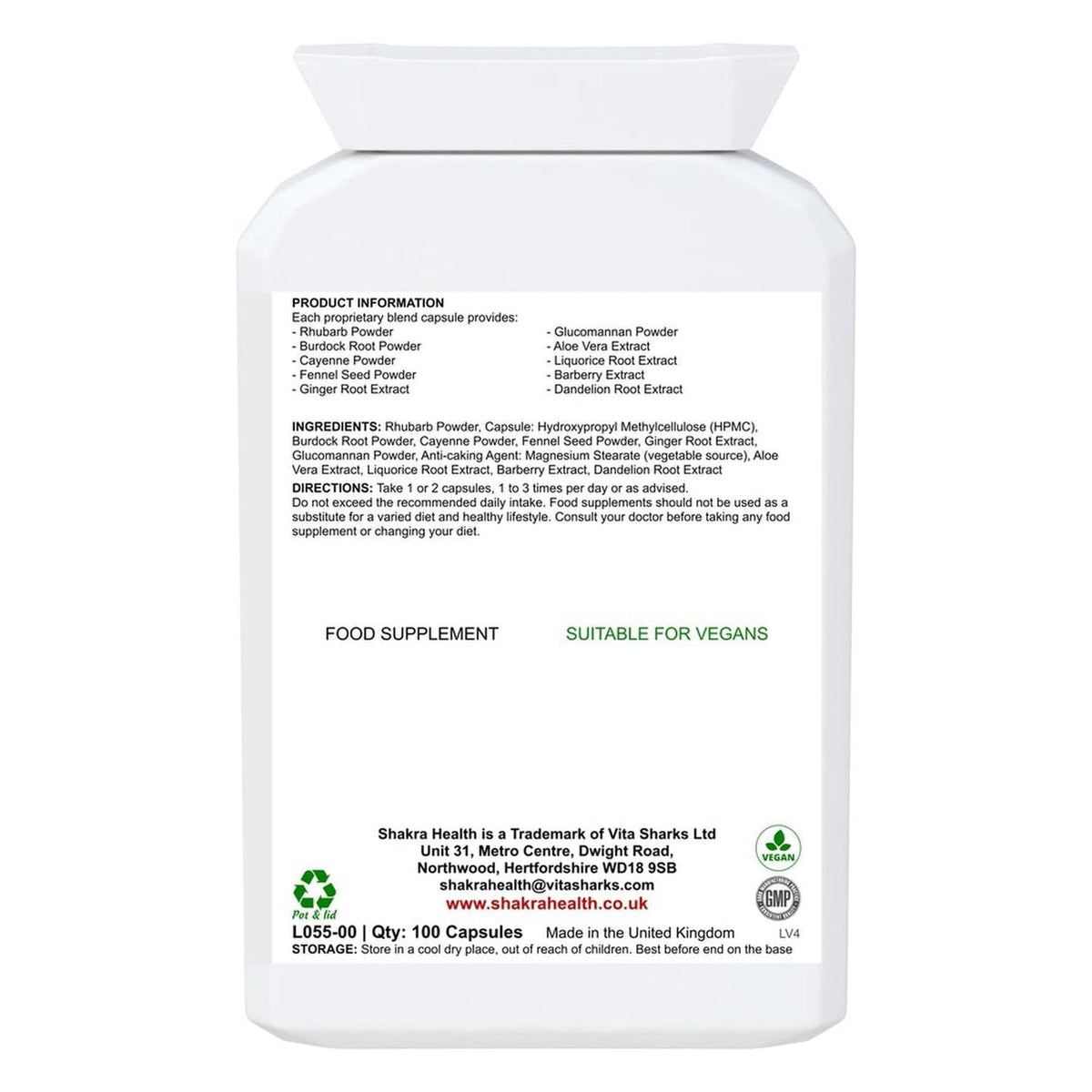 White plastic supplement bottle showing Colon Purity ingredient list, vegan and GMP certification logos on the back label.