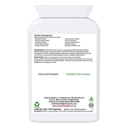 White plastic supplement bottle showing Colon Purity ingredient list, vegan and GMP certification logos on the back label.