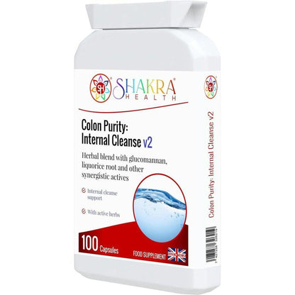 White plastic bottle of Colon Purity: Internal Cleanse v2 capsules with a red and blue graphic design and UK flag icon.