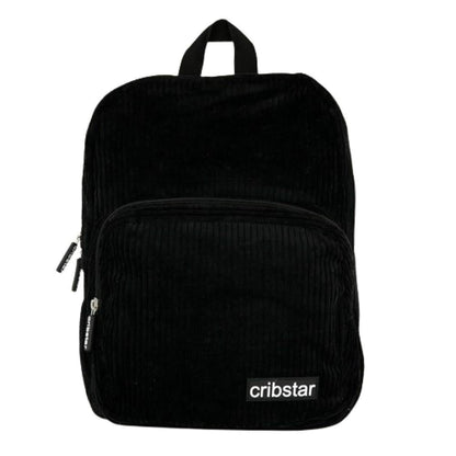 Compact black corduroy backpack with a front zip pocket, top handle, and white Cribstar logo patch on a white background.