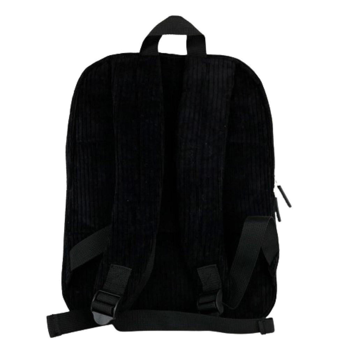 Compact black corduroy backpack with adjustable shoulder straps and a top carry handle against a white background.