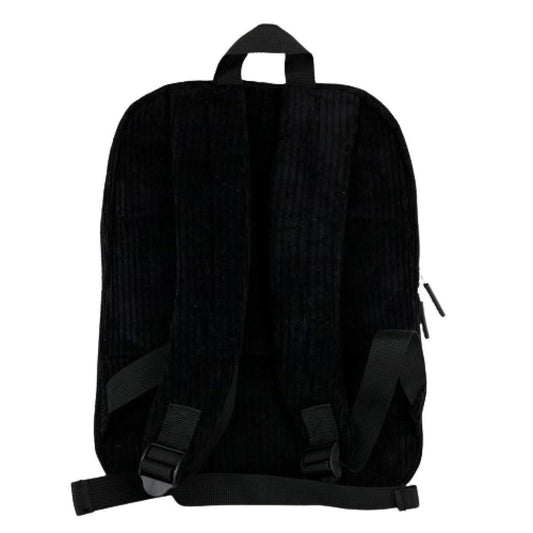 Compact black corduroy backpack with adjustable shoulder straps and a top carry handle against a white background.