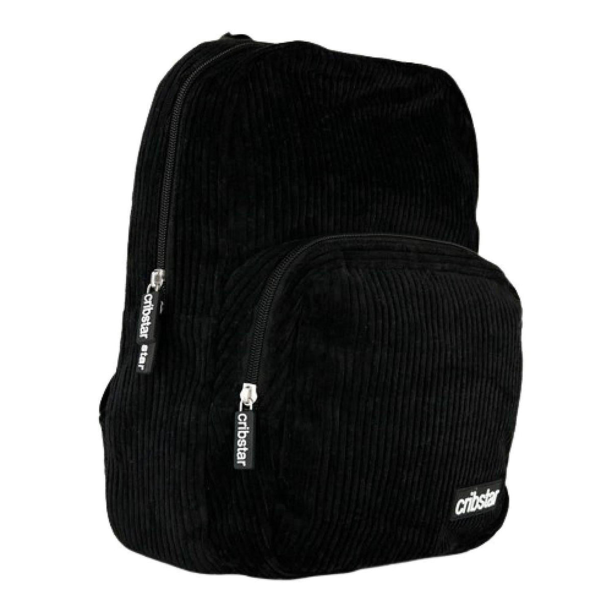 Compact black corduroy backpack with a front zip pocket, silver branded zippers, and a white Cribstar logo patch.