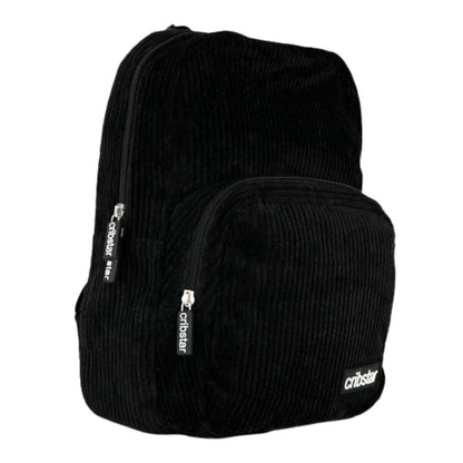 Compact black corduroy backpack with a front zip pocket, silver branded zippers, and a white Cribstar logo patch.