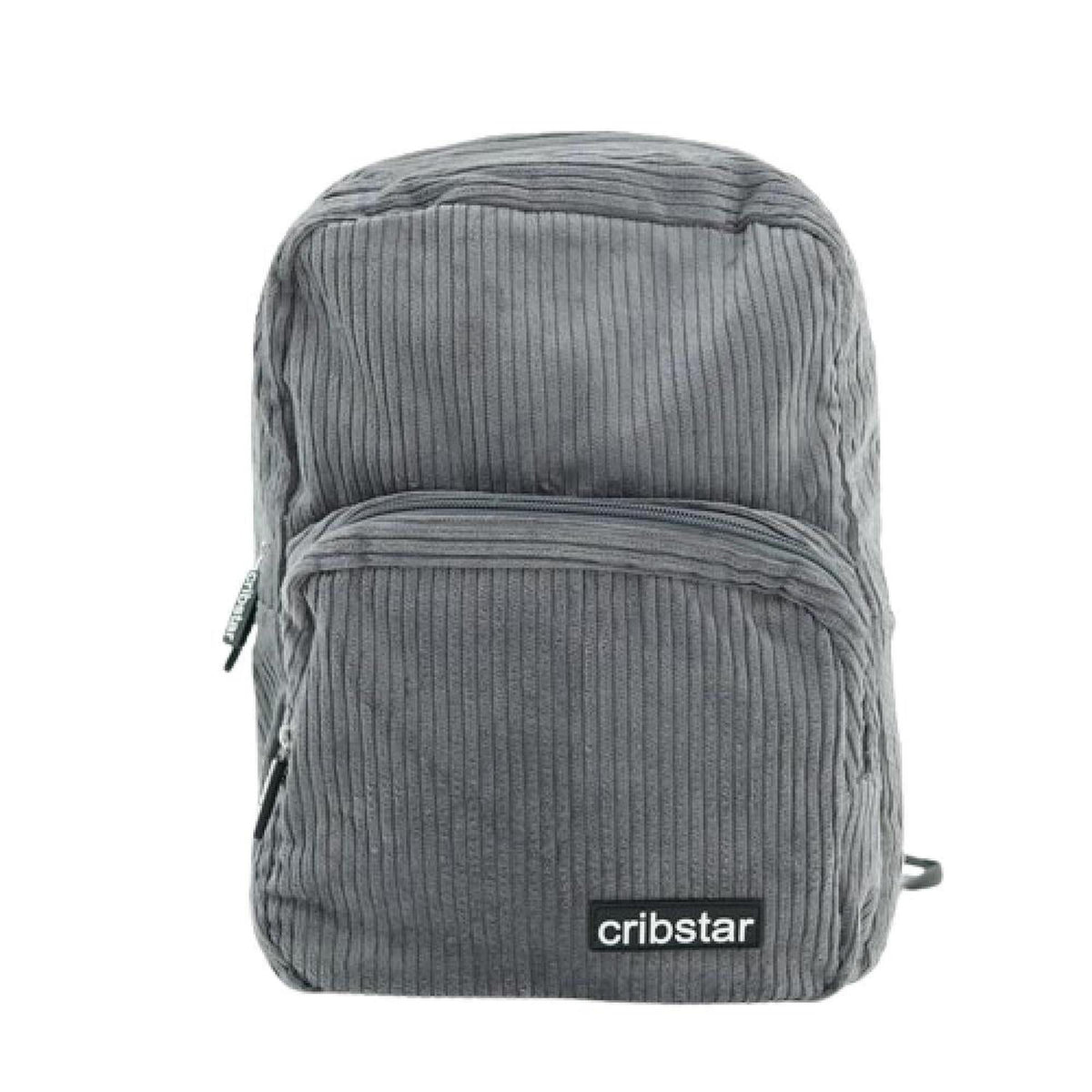 Compact grey corduroy backpack with a front zippered pocket and a black Cribstar logo patch on a white background.