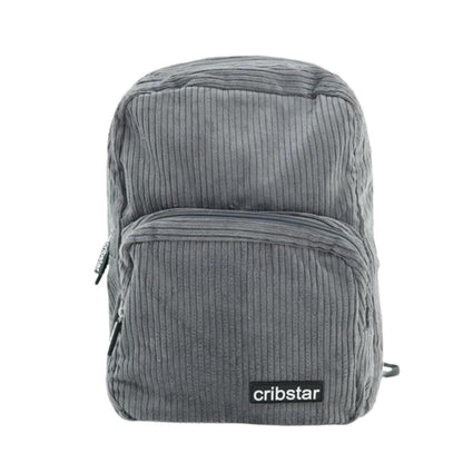 Compact grey corduroy backpack with a front zippered pocket and a black Cribstar logo patch on a white background.