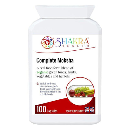 White bottle of Complete Moksha 100 capsules with a label showing fresh fruit, vegetables, and the Shakra Health logo.