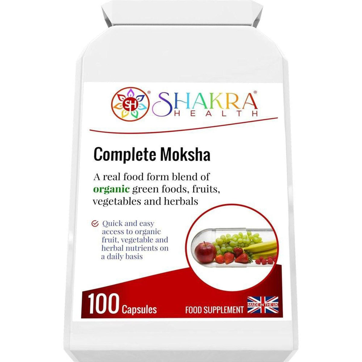 White bottle of Complete Moksha supplement with a label featuring fruit imagery and 100 capsule count.