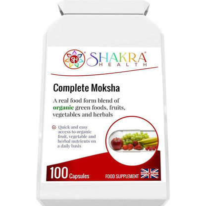 White bottle of Complete Moksha supplement with a label featuring fruit imagery and 100 capsule count.