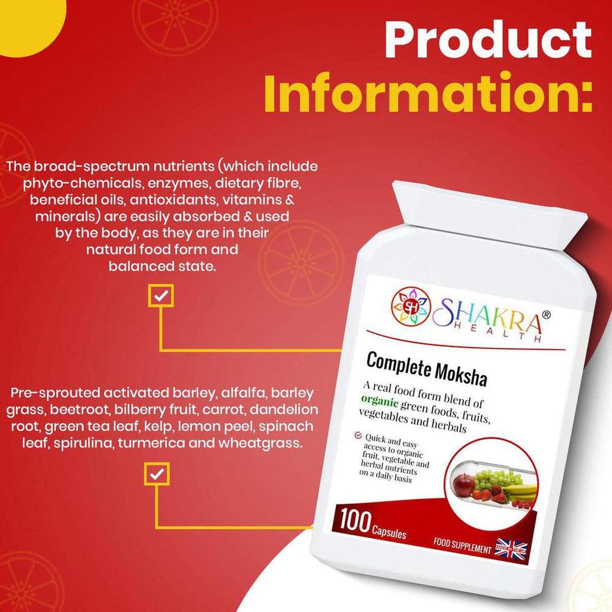 White bottle of Complete Moksha capsules by Shakra Health with a list of organic ingredients on a red background.