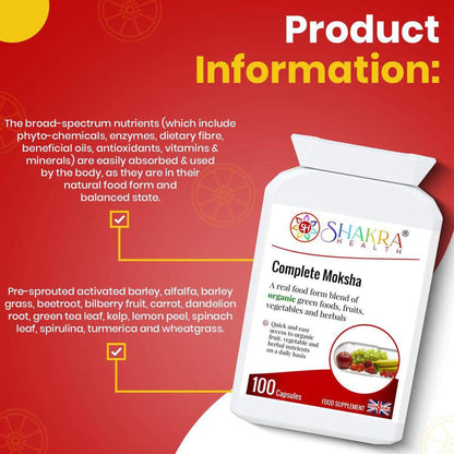 White bottle of Complete Moksha capsules by Shakra Health with a list of organic ingredients on a red background.
