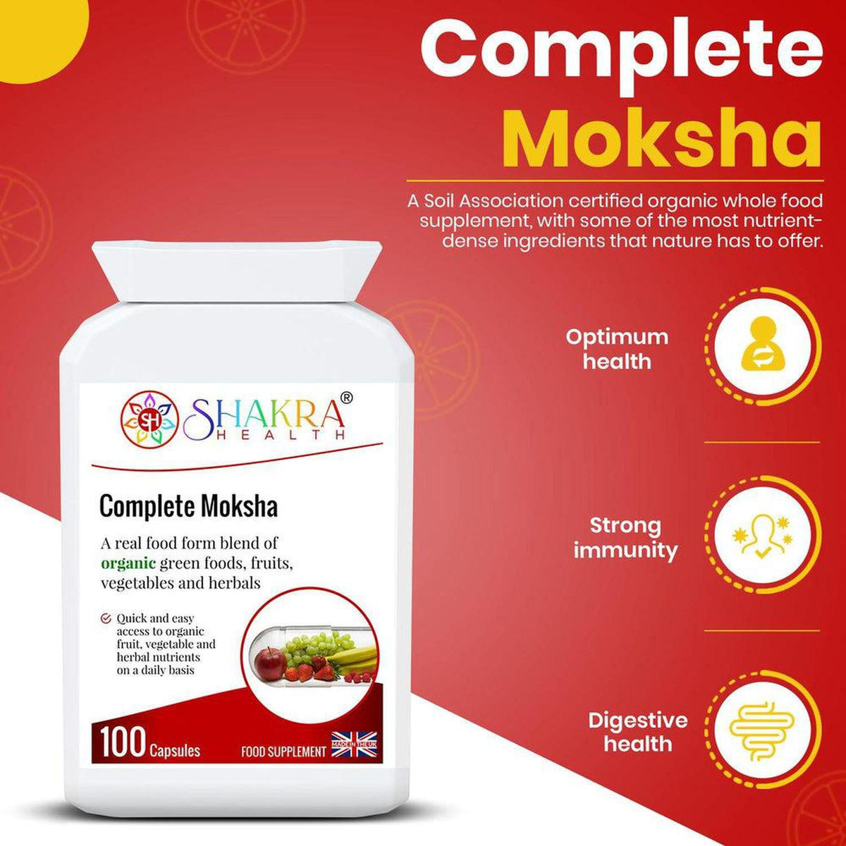 White bottle of Complete Moksha capsules by Shakra Health on a red background with icons for health, immunity, and digestion.