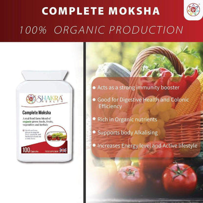 White bottle of Complete Moksha 100 capsules next to a list of health benefits and a basket of fresh organic vegetables.