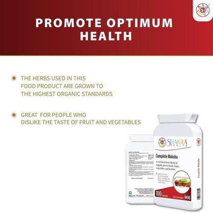 White bottle of Complete Moksha supplement capsules with a label featuring organic green food ingredients.