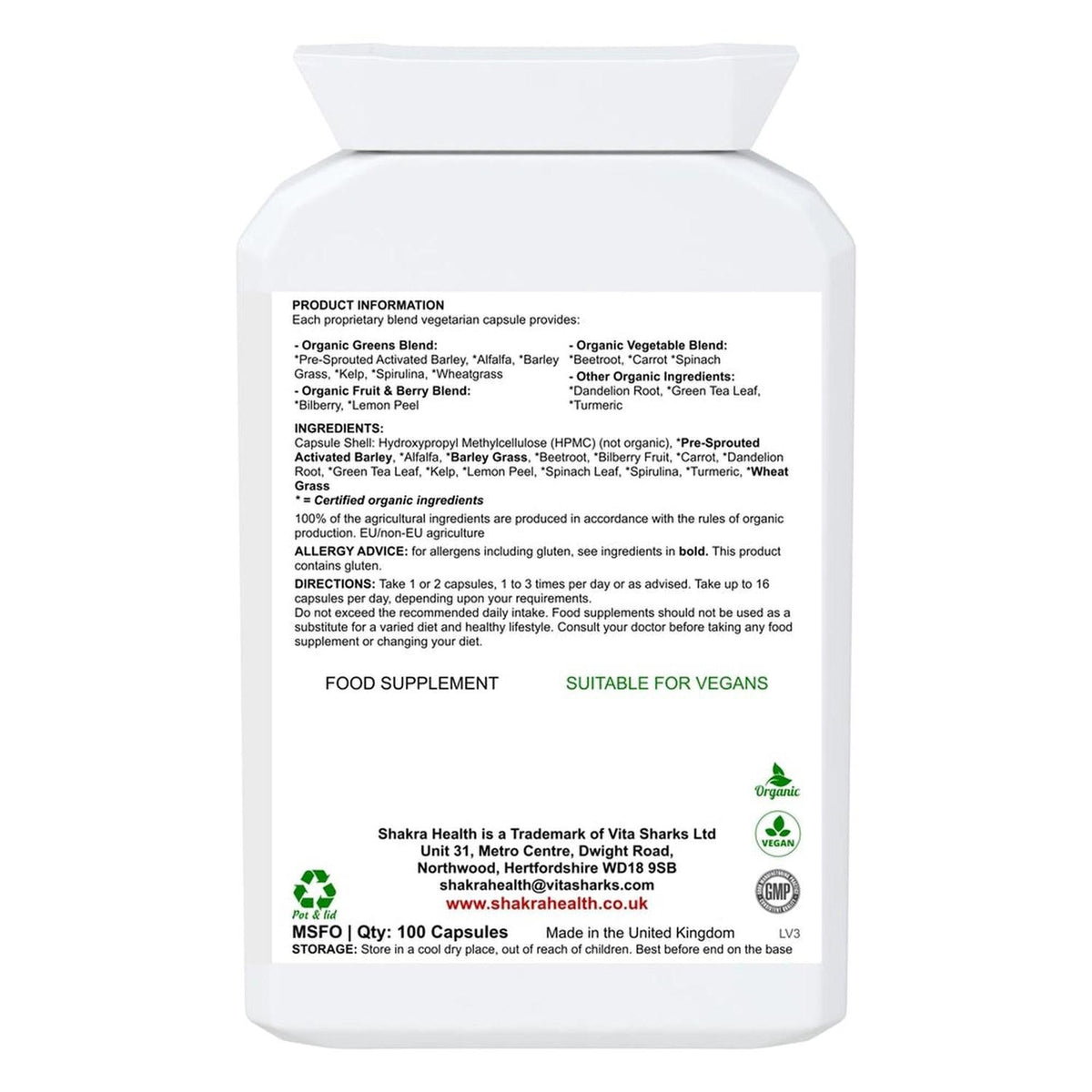 White plastic supplement bottle with a detailed ingredient label, vegan and organic certification logos, and 100 capsule count.