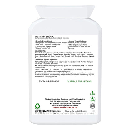 White plastic supplement bottle with a detailed ingredient label, vegan and organic certification logos, and 100 capsule count.