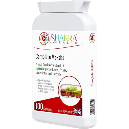 White bottle of Complete Moksha 100 capsules with Shakra Health logo and an image of fresh fruits and vegetables.