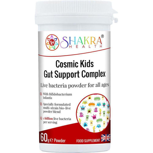 White 60g pot of Shakra Health Cosmic Kids Gut Support probiotic powder with a colorful cartoon microbe graphic.
