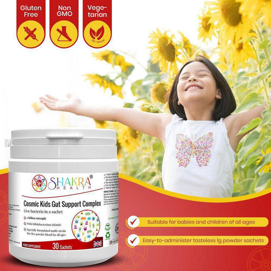 Cosmic Kids Gut Support probiotic powder tub with 30 sachets, featuring a happy child and sunflower background.