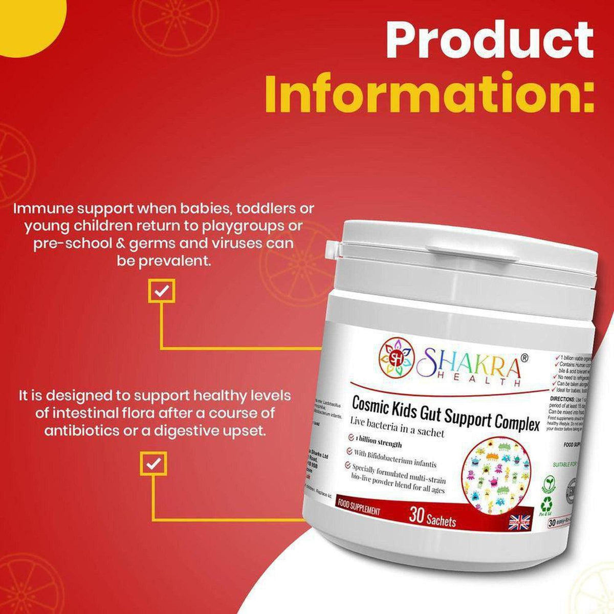 White tub of Shakra Cosmic Kids Gut Support Complex probiotic powder with red label and 30 sachets on a yellow background.
