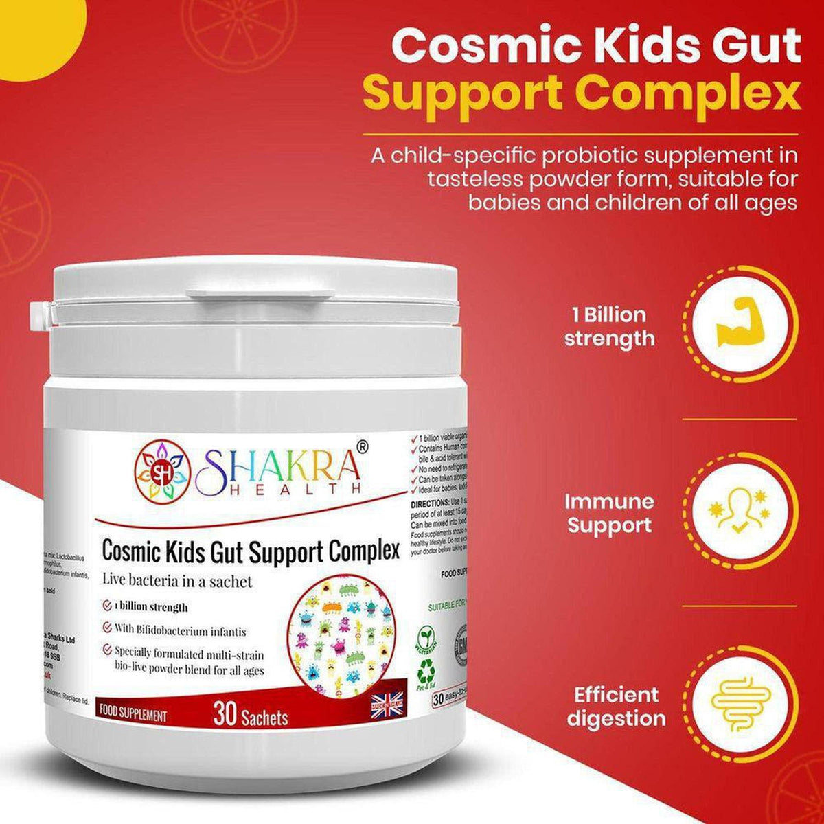 White plastic tub of Cosmic Kids Gut Support probiotic powder with colorful microbe illustrations on a red background.