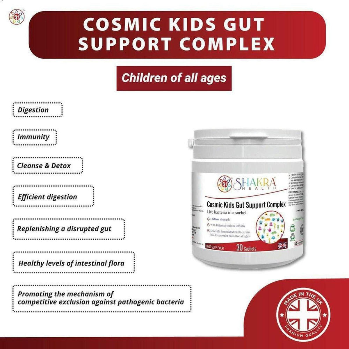 White plastic tub of Cosmic Kids Gut Support probiotic powder with a label featuring colorful illustrations and text.