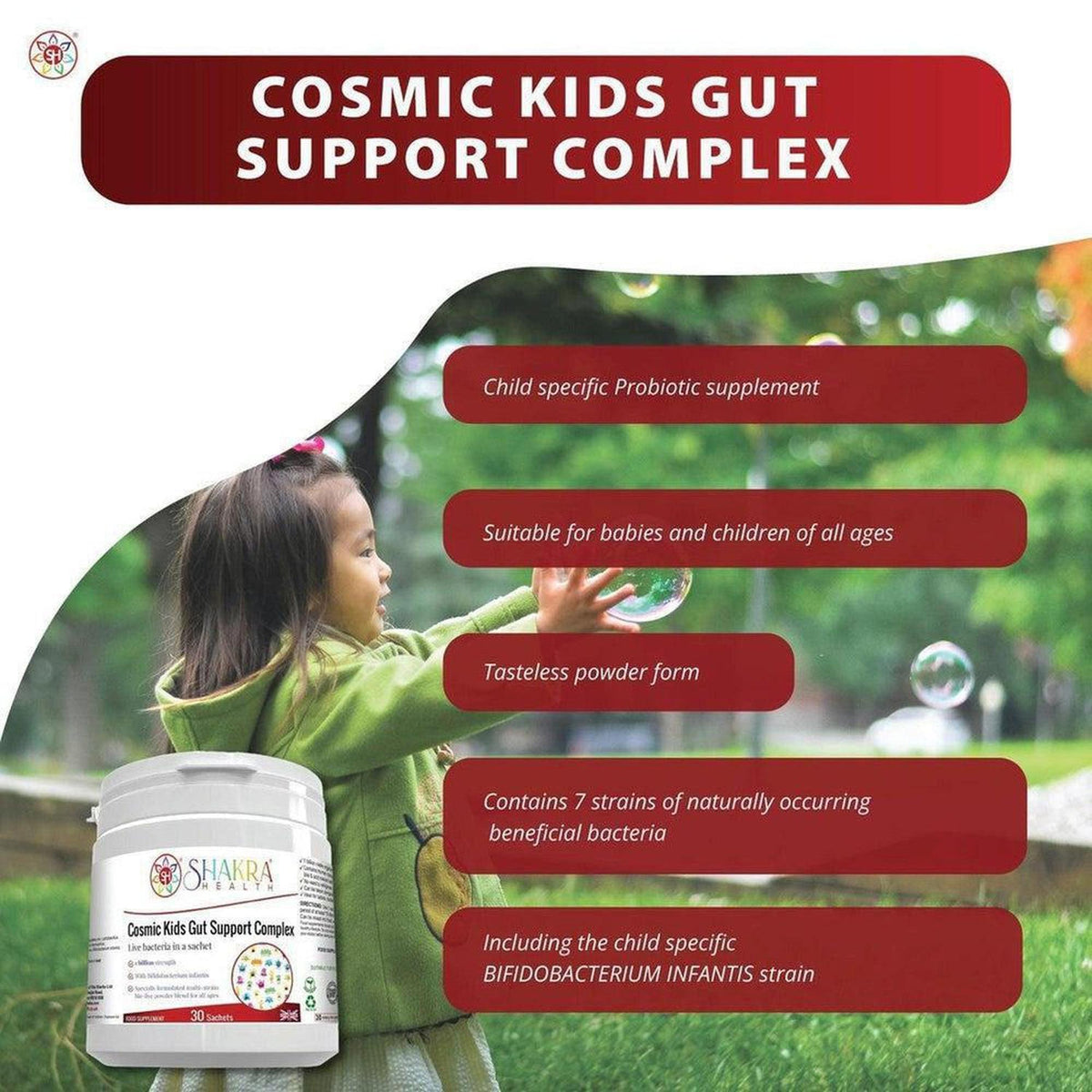 Cosmic Kids Gut Support probiotic powder tub featuring product benefits and a child playing with bubbles outdoors.