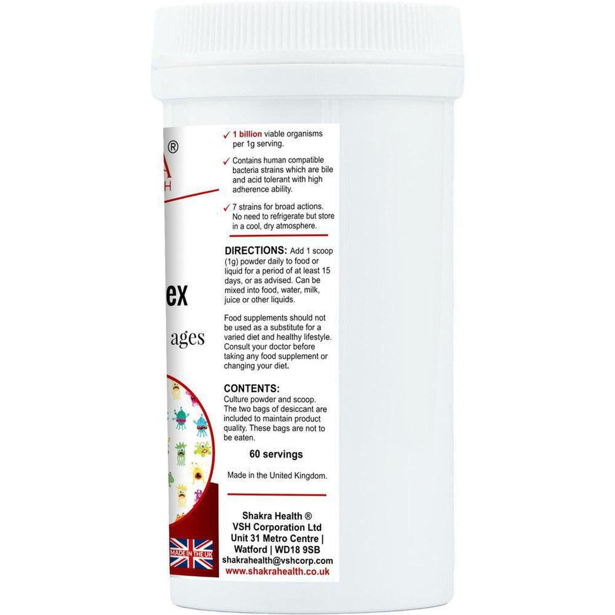 White 60g plastic tub of Cosmic Kids probiotic powder showing directions, ingredients, and Made in the UK label.
