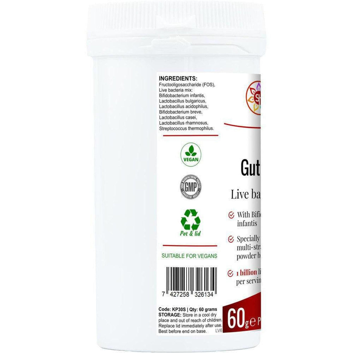 White 60g Cosmic Kids Gut Support probiotic powder tub showing ingredient list, vegan logo, and barcode on the label.