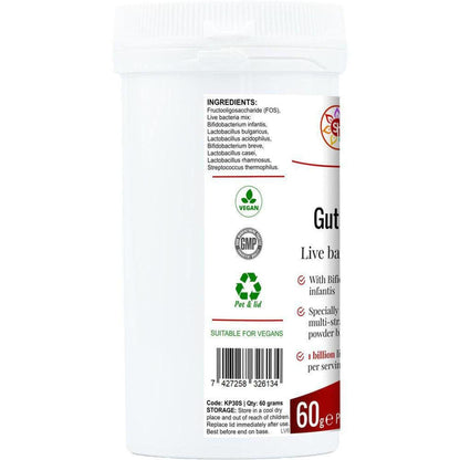 White 60g Cosmic Kids Gut Support probiotic powder tub showing ingredient list, vegan logo, and barcode on the label.