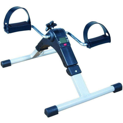 Black and silver digital pedal exerciser with adjustable resistance knob and non-slip foot straps for physical therapy.