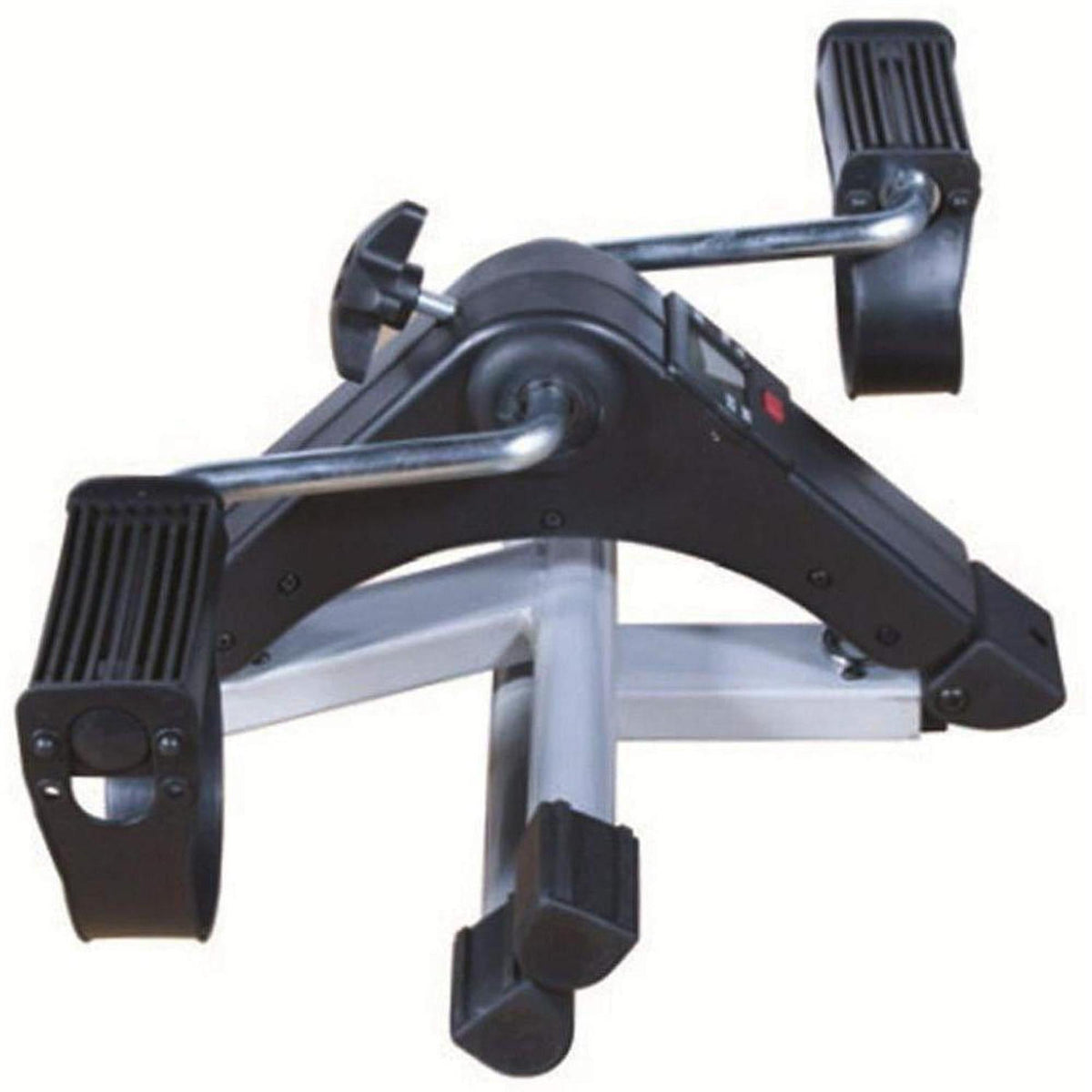 Black and silver portable pedal exerciser with adjustable resistance knob and digital display for arm and leg workouts.