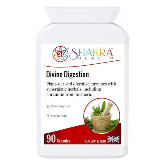White bottle of Divine Digestion capsules by Shakra Health with a mortar and pestle graphic and 90 capsule label.