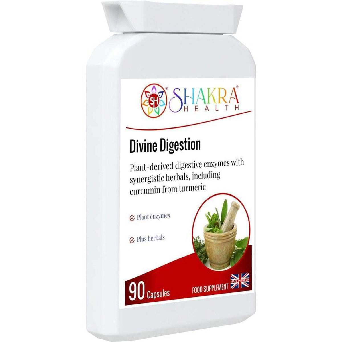 White plastic bottle of Shakra Health Divine Digestion capsules with a mortar and pestle graphic and 90 count label.