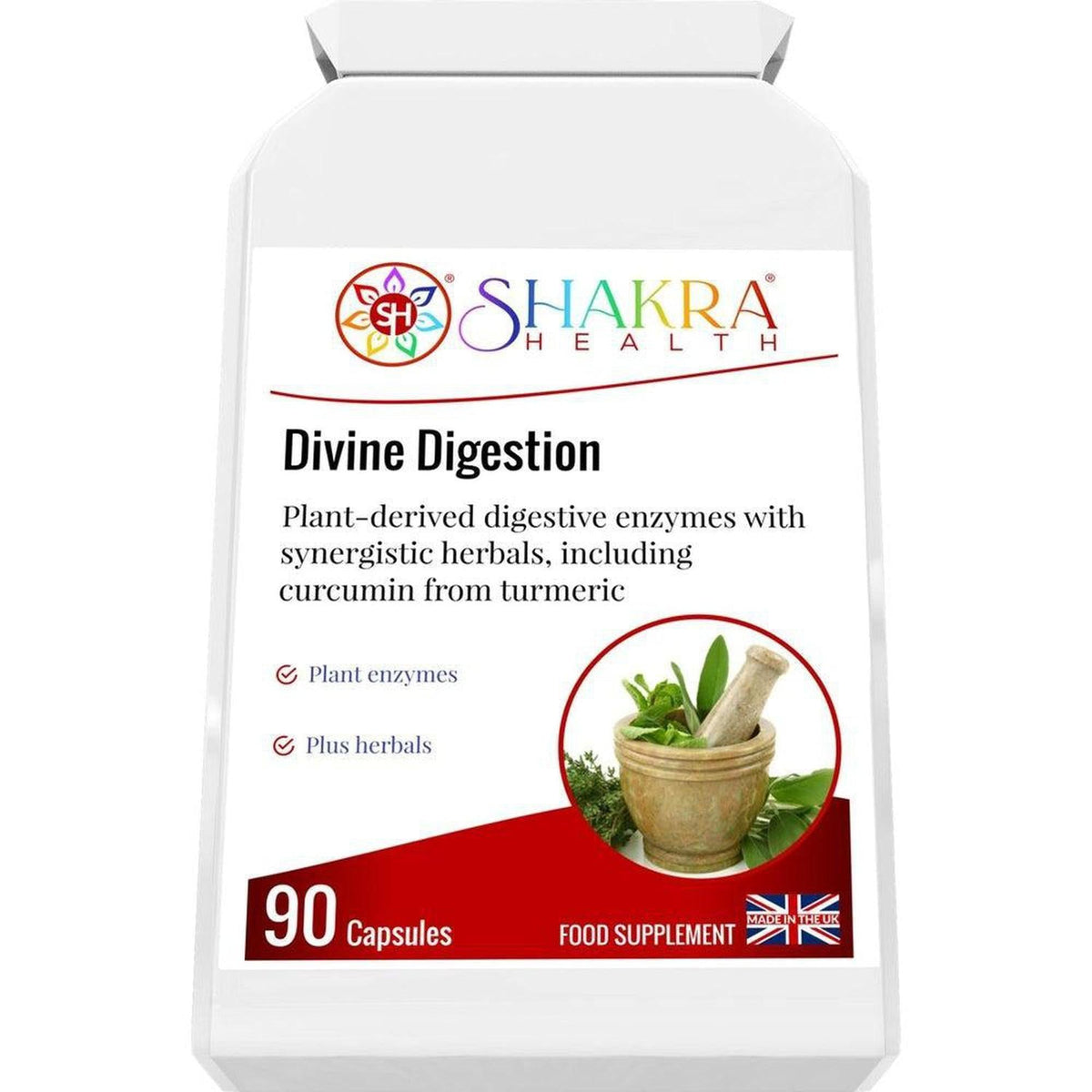 White bottle of Divine Digestion 90 capsules with Shakra Health logo and mortar and pestle graphic.