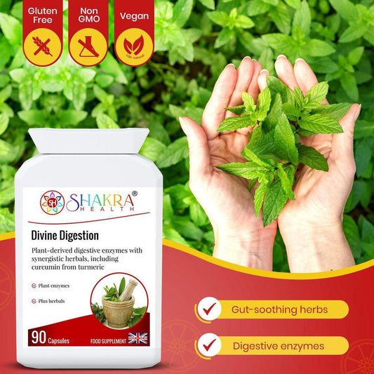 White bottle of Divine Digestion 90 capsules with herbal icons, held against a background of fresh green mint leaves.