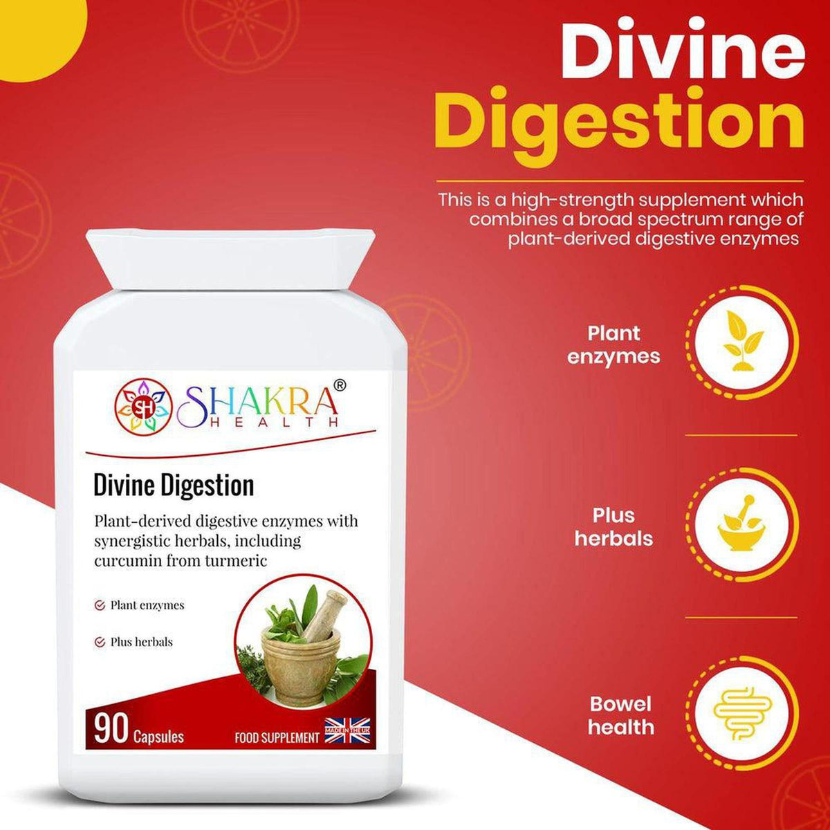 White bottle of Shakra Health Divine Digestion 90 capsules featuring herbal imagery on a red background with text icons.