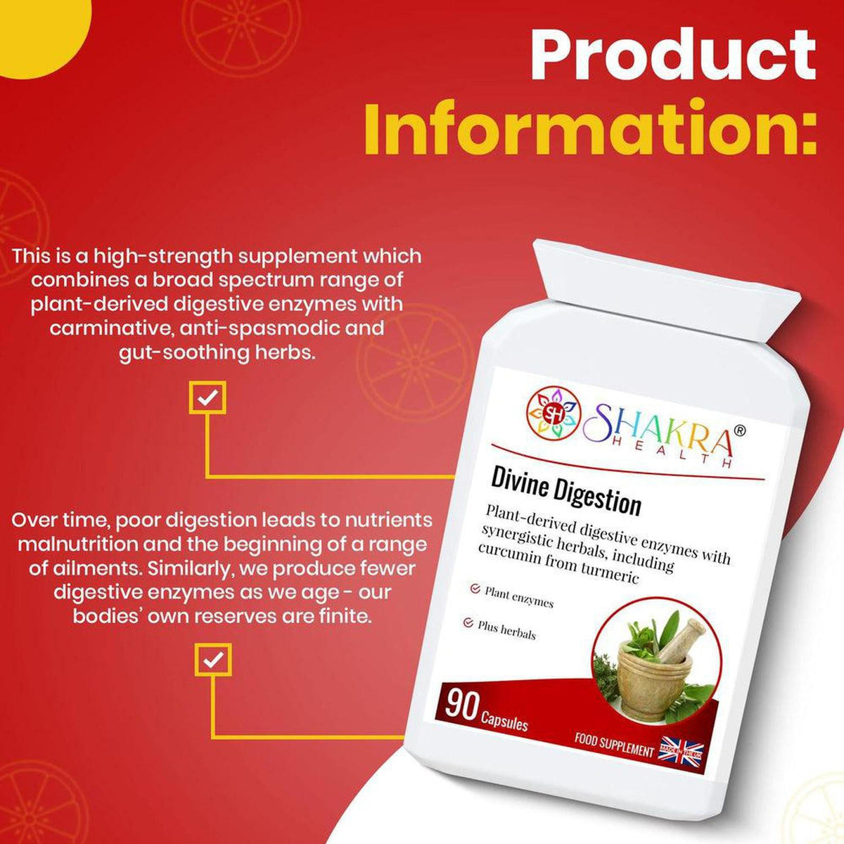White bottle of Divine Digestion supplement with Shakra Health logo, herbal imagery, and 90 capsules label on red background.
