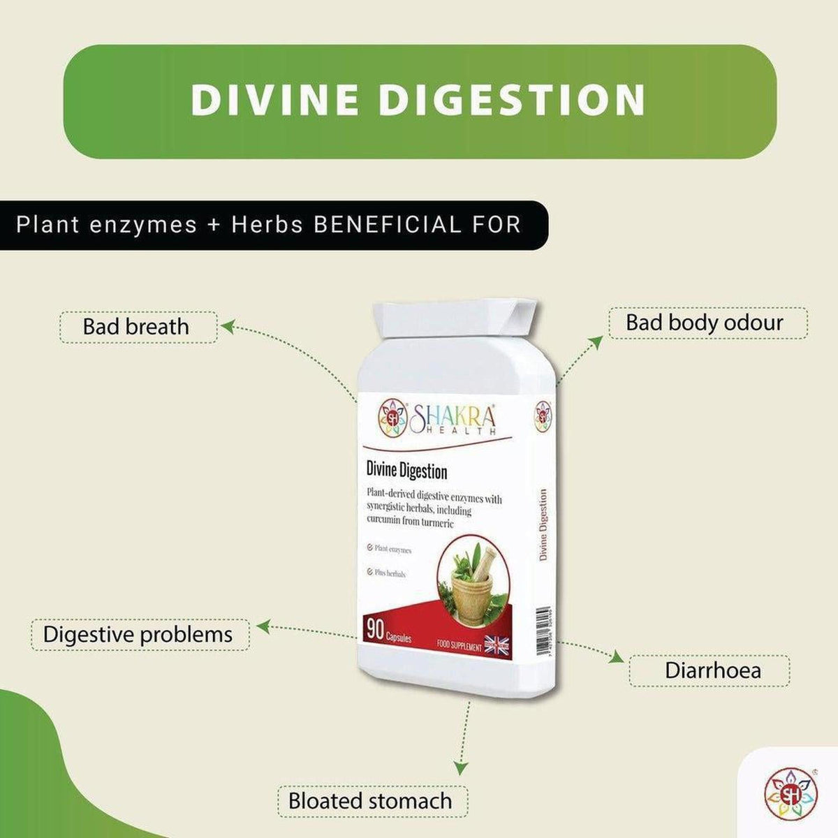White bottle of Divine Digestion 90 capsules with herb illustration, surrounded by arrows pointing to digestive health benefits.