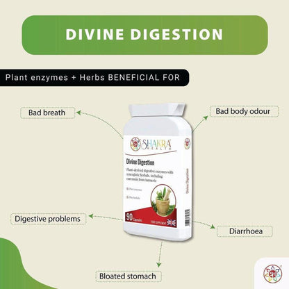 White bottle of Divine Digestion 90 capsules with herb illustration, surrounded by arrows pointing to digestive health benefits.
