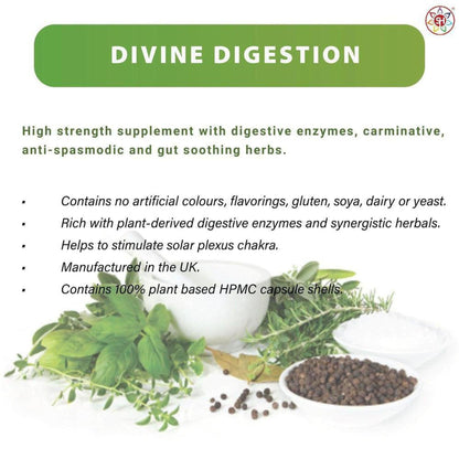 Divine Digestion product label featuring fresh herbs, peppercorns, and a white bowl on a clean white background.