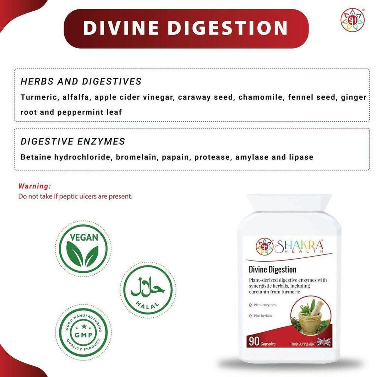 Divine Digestion supplement bottle with ingredient list, vegan, halal, and GMP certification icons on white background.