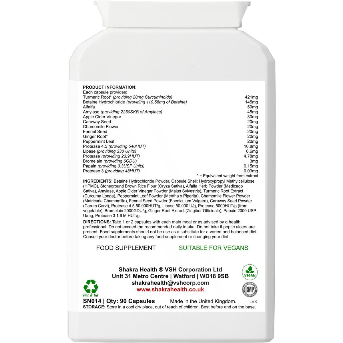 White plastic supplement bottle label showing product information, ingredients, and vegan certification icons.