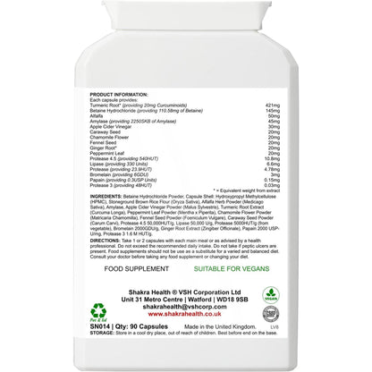 White plastic supplement bottle label showing product information, ingredients, and vegan certification icons.