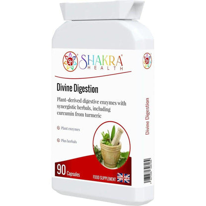 White plastic bottle of Divine Digestion 90 capsules with a mortar and pestle graphic and Shakra Health branding.