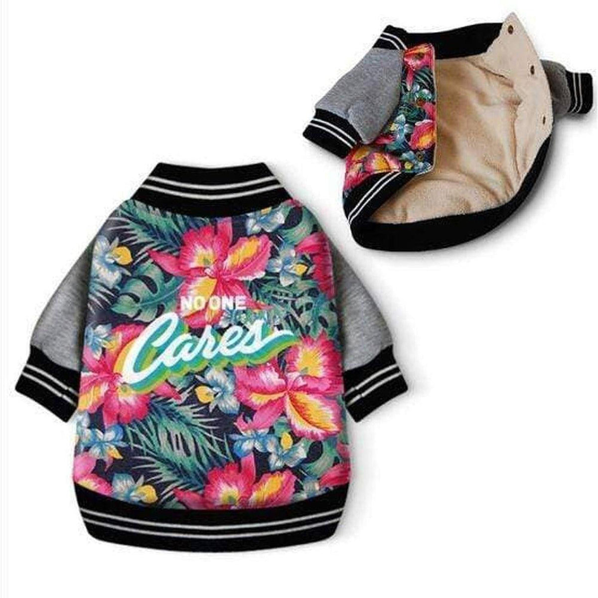 Floral varsity dog jacket with No One Cares slogan, featuring a tropical print, grey sleeves, and a soft thermal fleece lining.