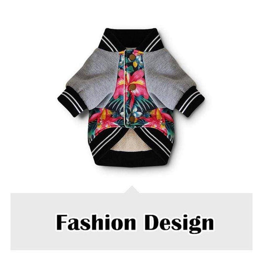 Varsity-style dog jacket with grey sleeves, floral print front, snap buttons, and a warm fleece lining.