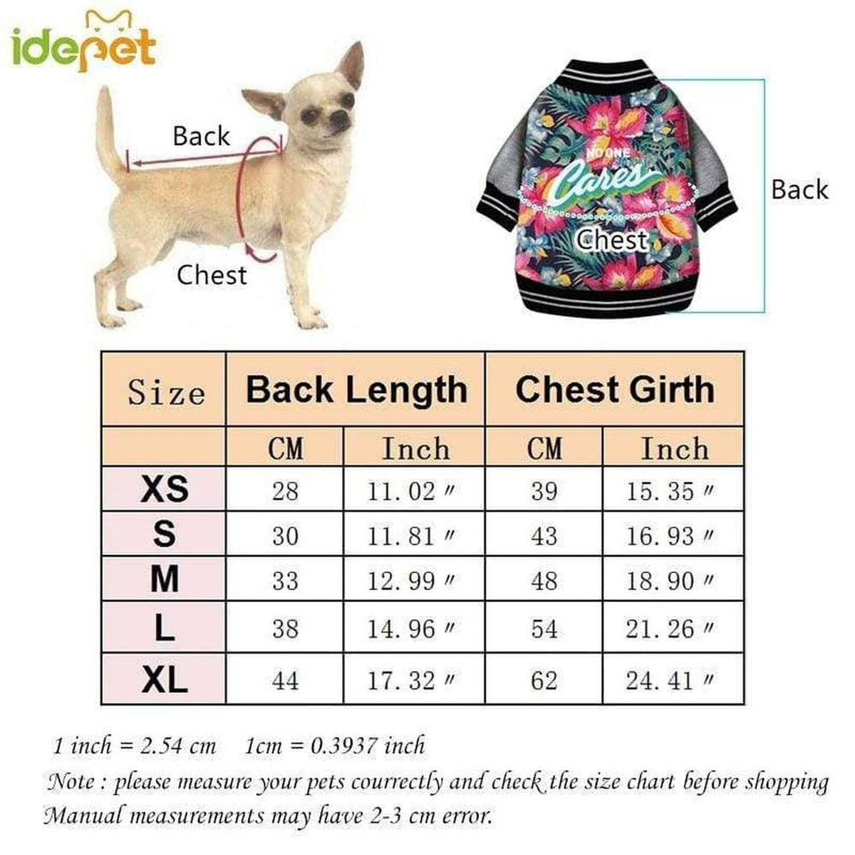 Floral varsity-style dog jacket with No One Cares text, grey sleeves, and a detailed size chart for winter pet apparel.