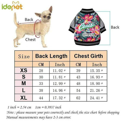 Floral varsity-style dog jacket with No One Cares text, grey sleeves, and a detailed size chart for winter pet apparel.