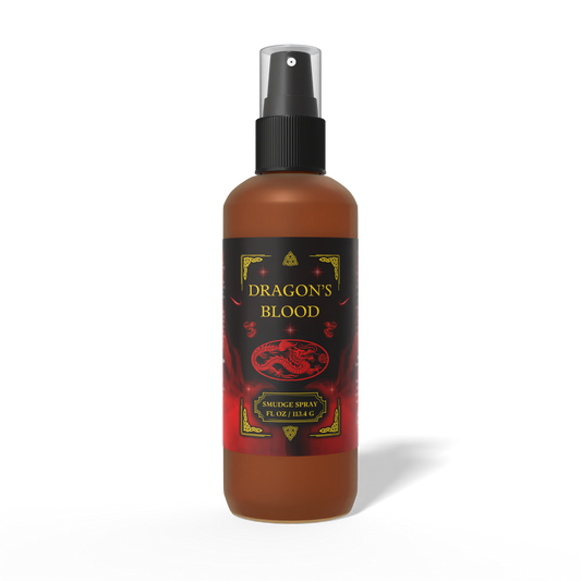 Amber spray bottle with a black label featuring a red dragon emblem, gold text, and a black pump top on a white background.